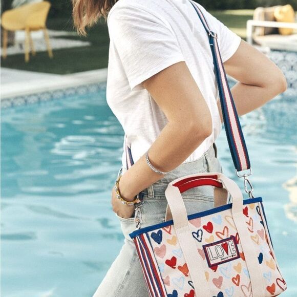 NWT Brighton Red White and You Mini Tote Bag Canvas With Hearts and Love Strap - Picture 2 of 12